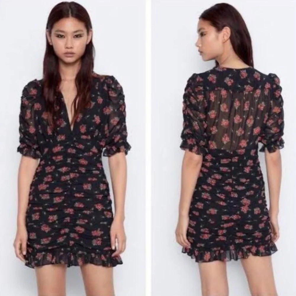 Zara Floral Ruched Mini Dress Mesh Ruffle Plunge V-Neck Puff Sleeve Black S - Picture 3 of 10